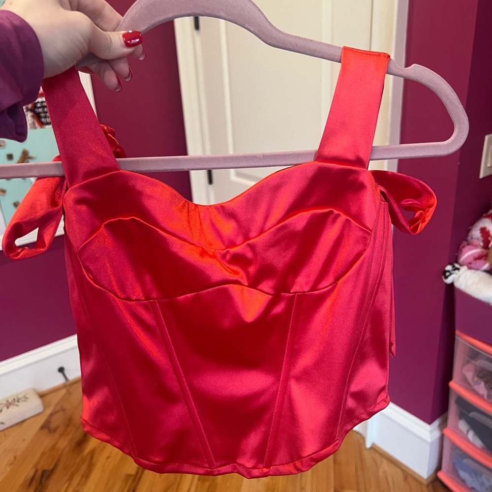 Red Satin Shoulder Tie Corset Top - Picture 3 of 6
